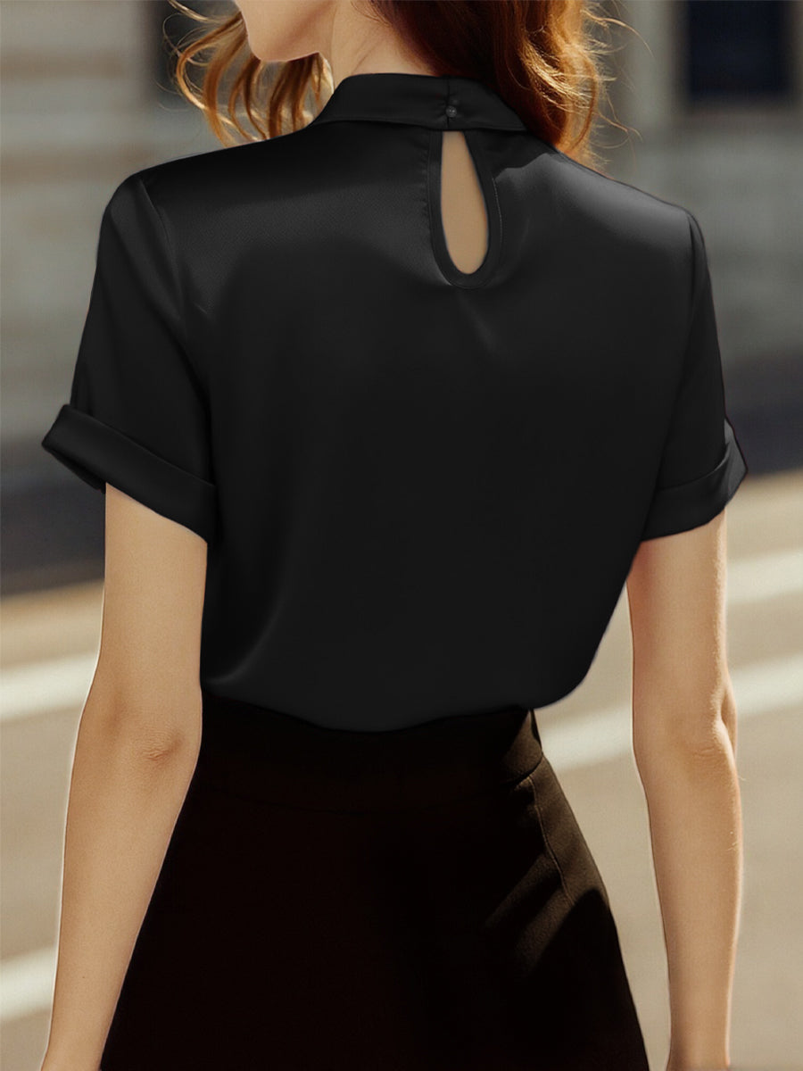 Sophisticated White Satin Keyhole Neckline - Blouse