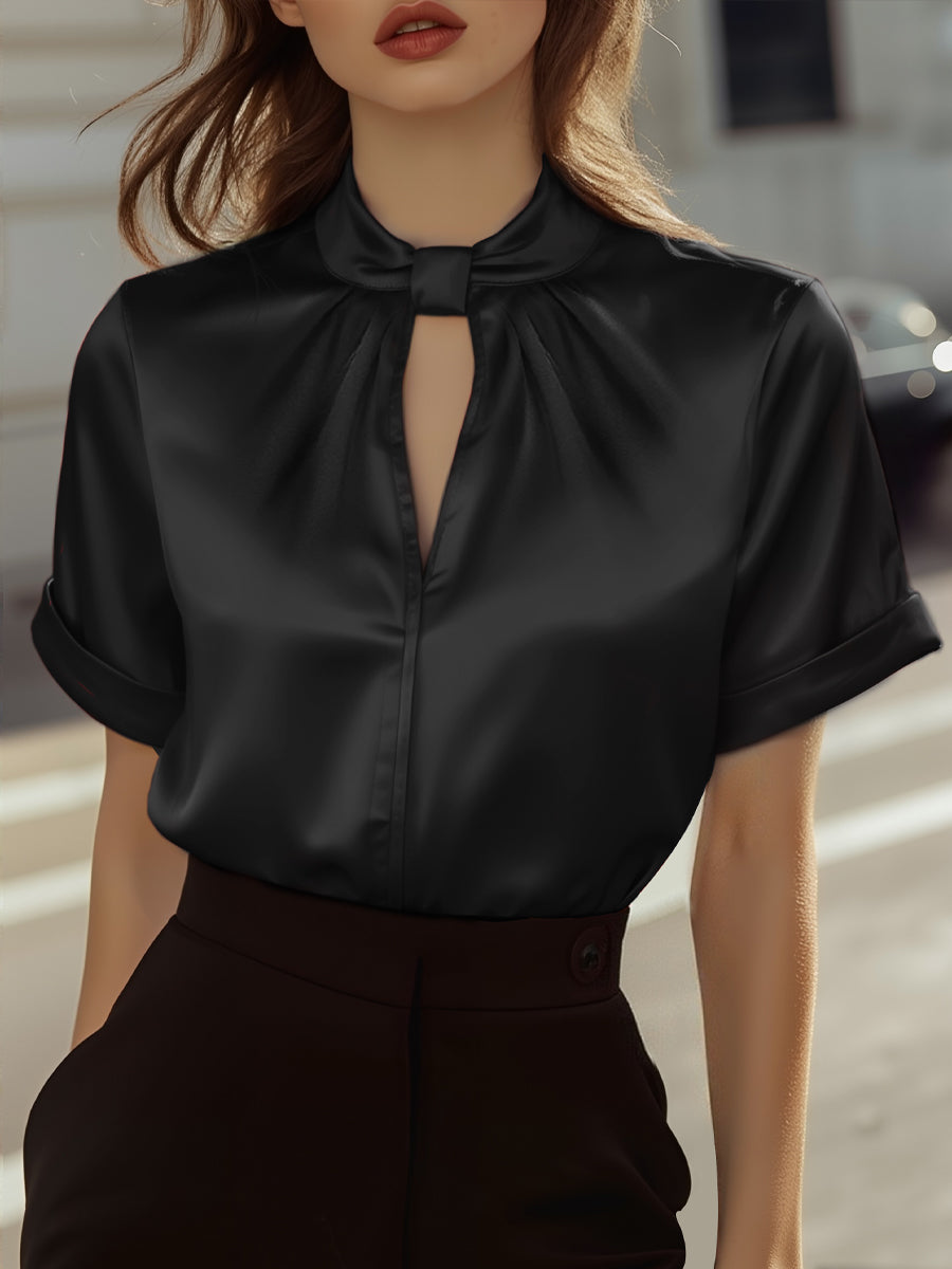 Sophisticated White Satin Keyhole Neckline - Blouse