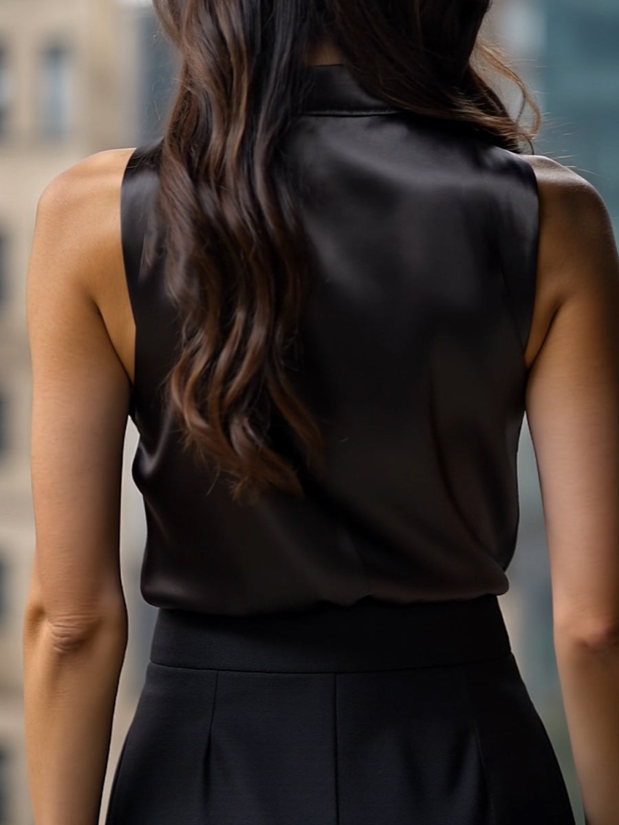 Black Satin High-Neck Sleeveless - Blouse
