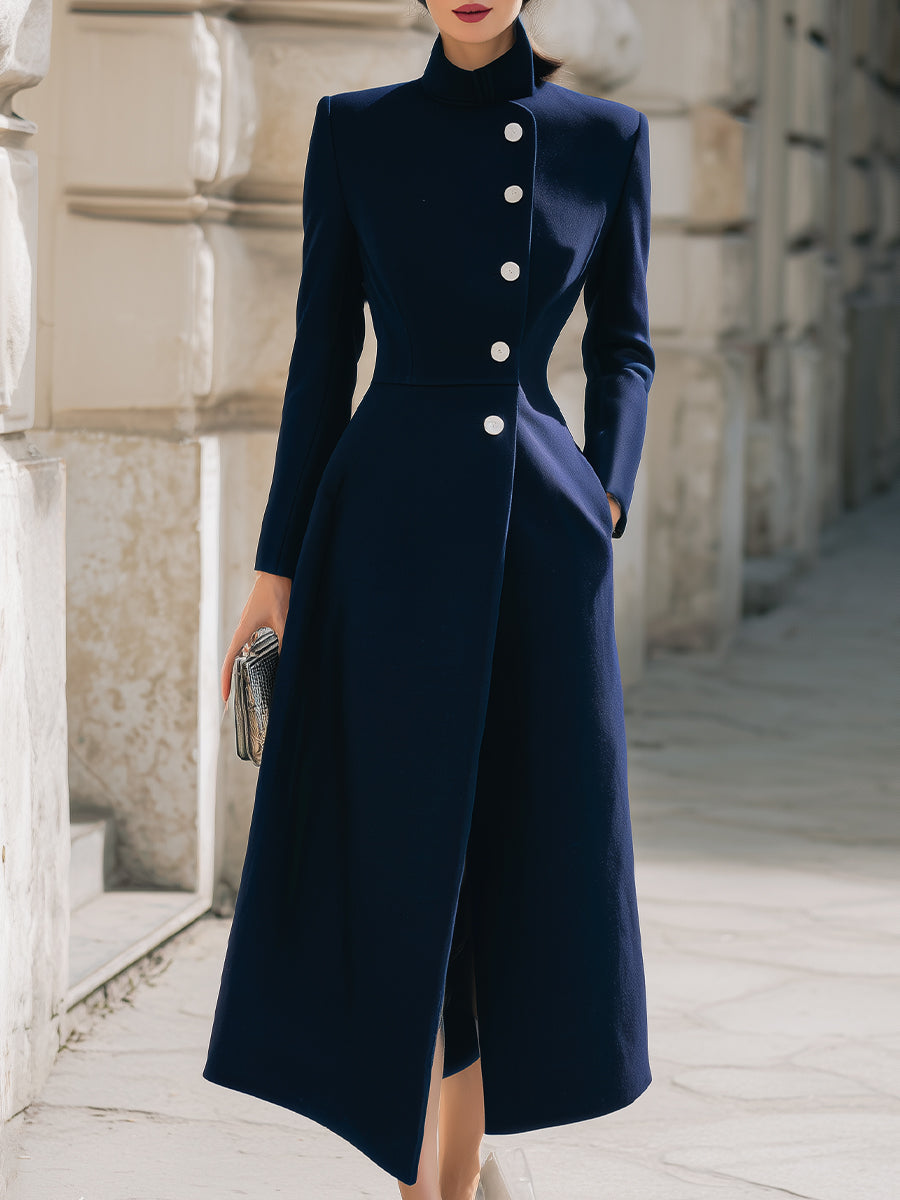 Elegant Navy Stand Collar Longline - Maxi Coat