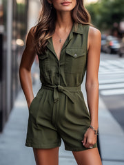 Women's Olive Sleeveless Utility with Pockets - Romper