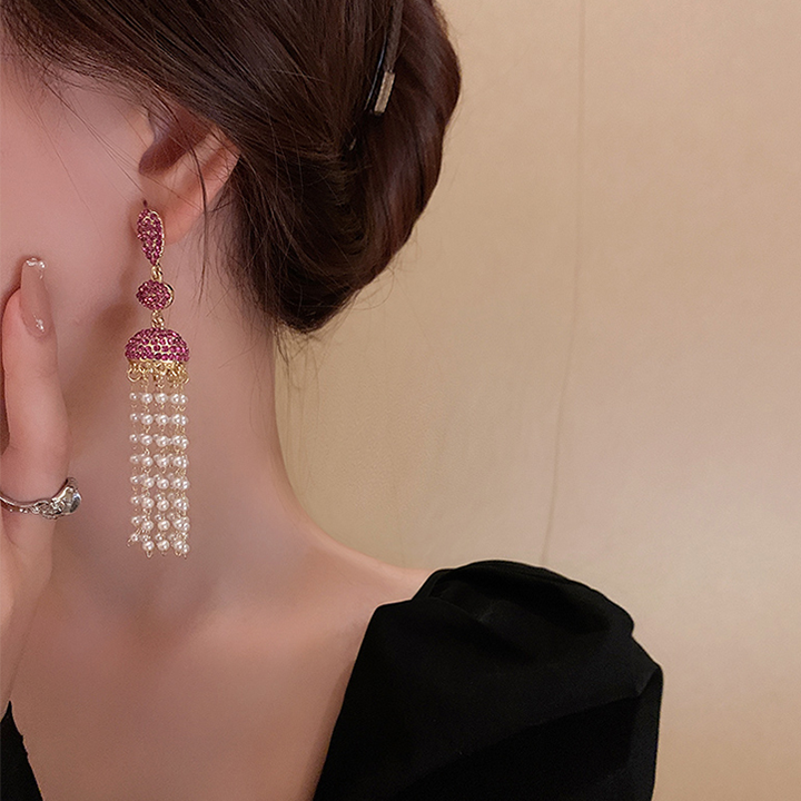 Rhinestones Paved Drop Earrings With Pearl Fringe Dobrilajewelry