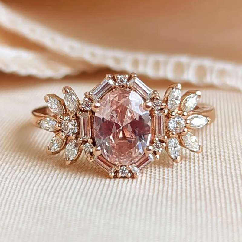 Vintage Halo Rose Golden Pink Oval Cut Sterling Silver Engagement Ring Shineofidamond