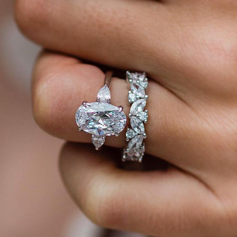 Oval Cut Three Stone Sterling Silver Wedding Bridal Set with Floral Band Shineofdiamond