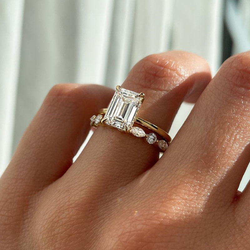 2pcs Exclusive Golden Tone Emerald Cut Bridal Set For Women In Sterling Silver Shineofdiamond