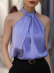Elegant Cross-Neck Gathered Satin - Blouse