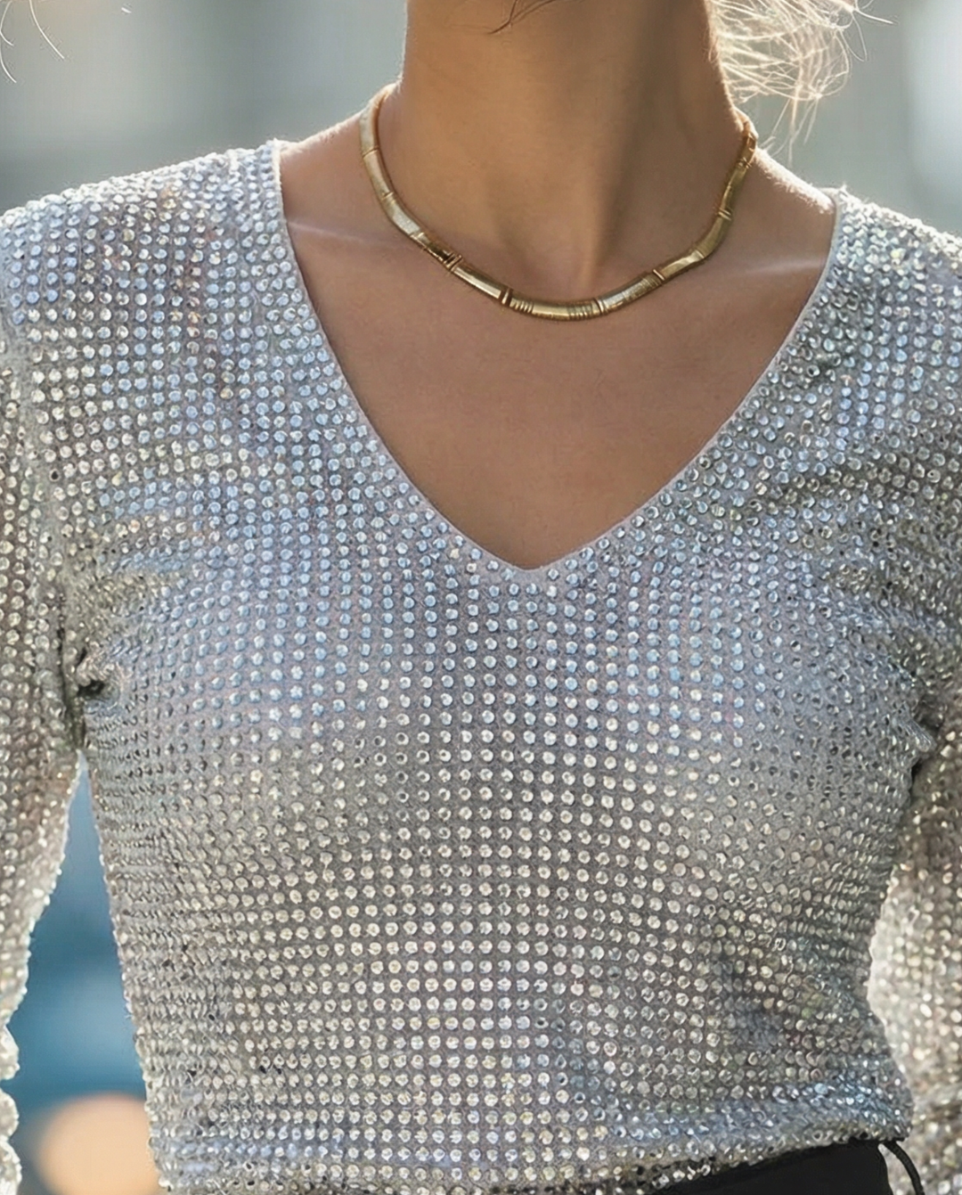 Sequin v-neck Long-Sleeve Top