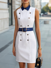 Tailored Double-Breasted White Dress with Navy Trim - Midi Dress