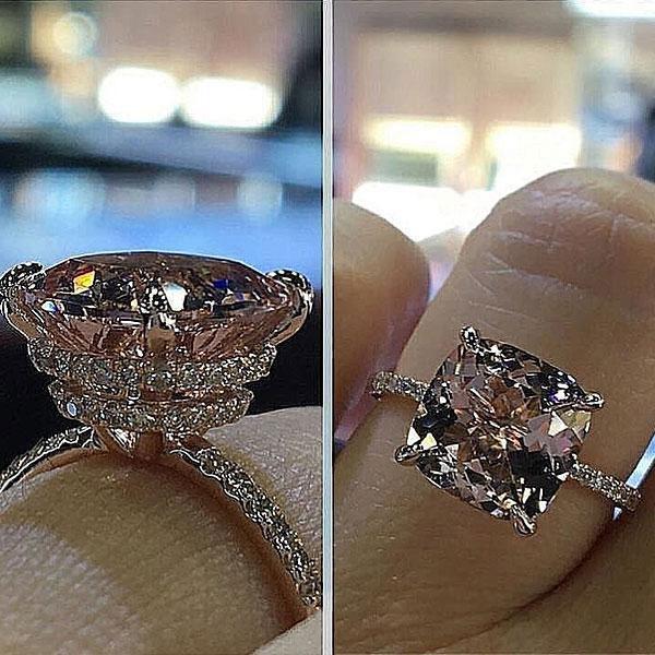 Rose Golden Cushion Cut Engagement Ring with Under Double Halo Shineofdiamond