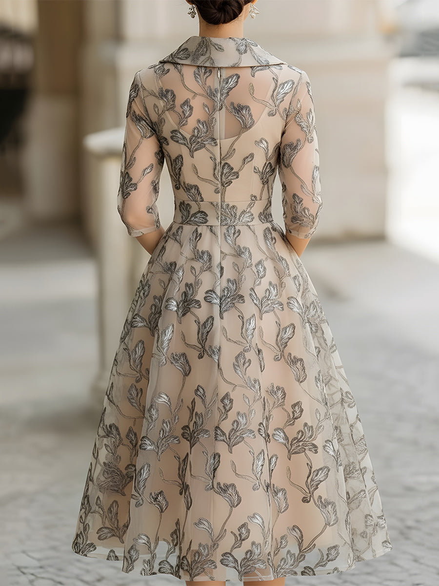 Embroidered Metallic Leaf Mesh Midi Dress - Midi Dress
