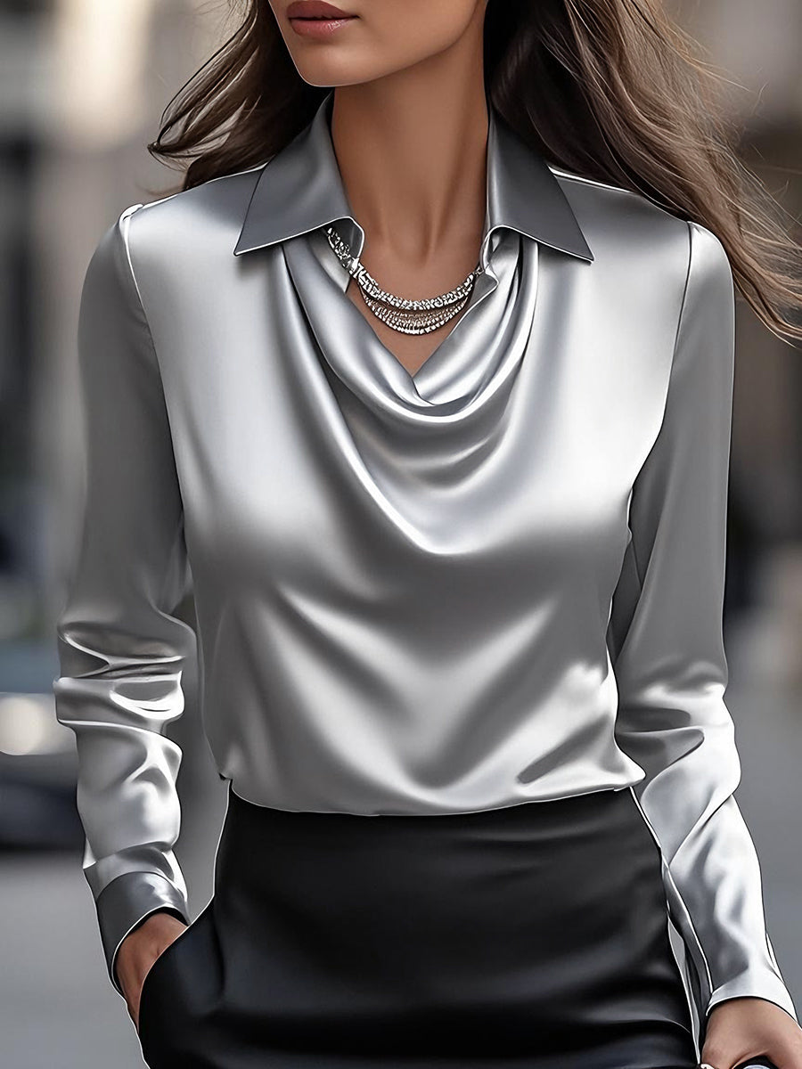 Elegant White Satin Draped Neckline - Women's Blouse