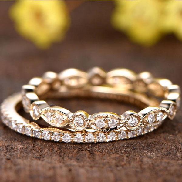 2pcs Golden Tone Art Decor Eternity Stackable Wedding Band Shineofidamond