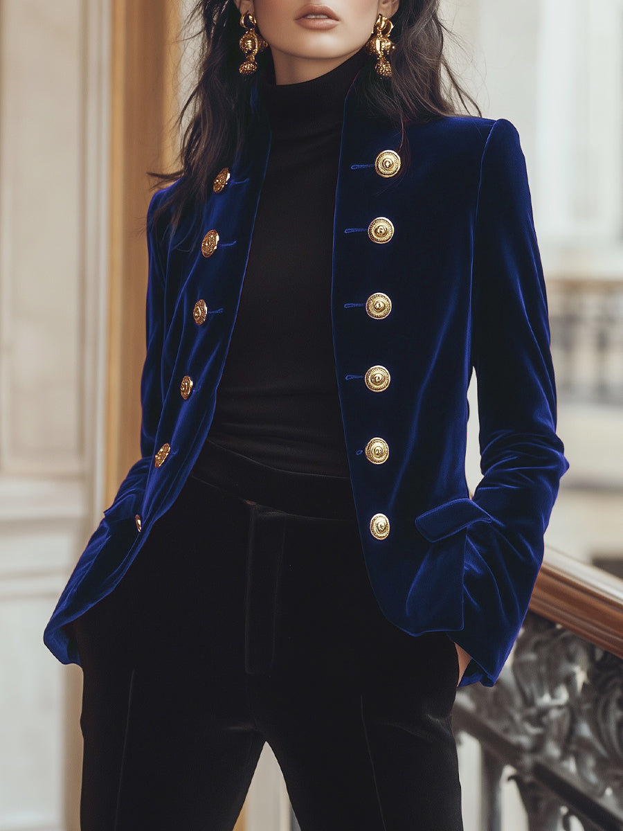 Women's Velvet Blazer with Gold Trim - Jacket