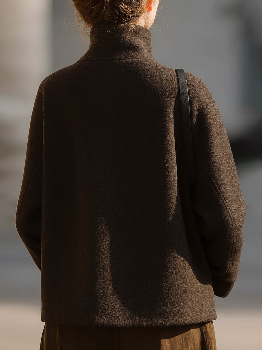 Minimalist Brown Wool Stand-Collar - Women's Jacket