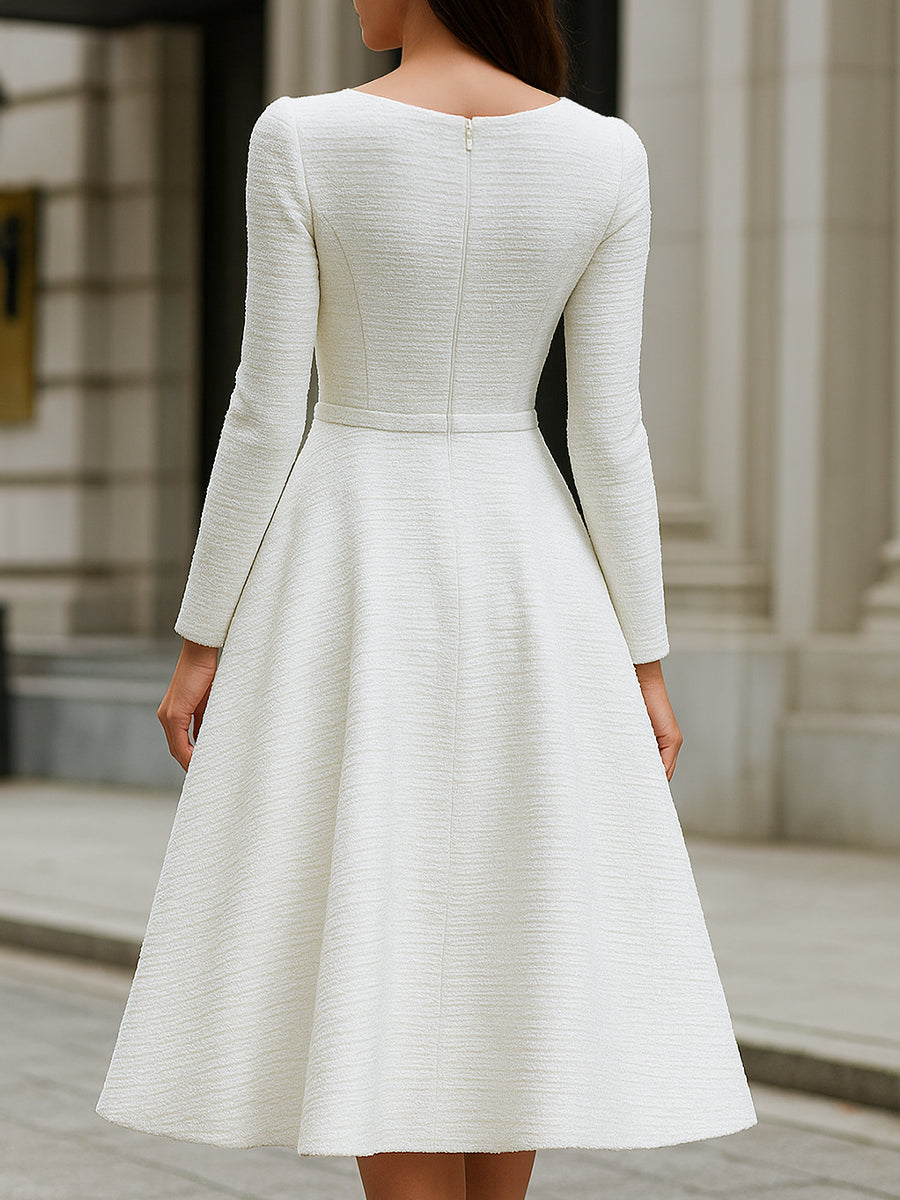 Ivory Tweed Square Neck Tailored Sleeveless - Midi Dress