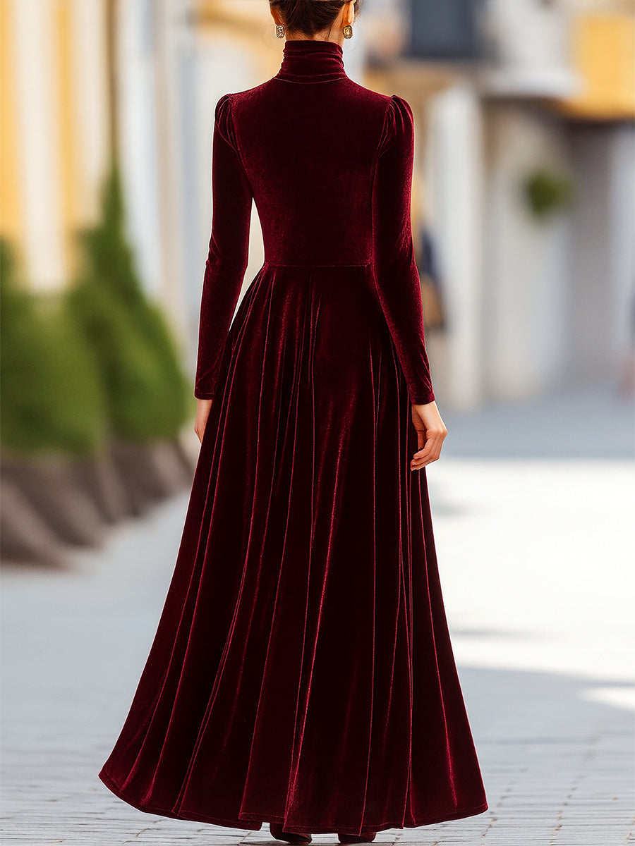 Elegant Burgundy Velvet Long-Sleeve Evening - Maxi Dress