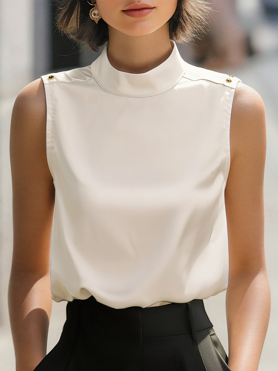 Elegant Ivory Satin High-Neck Sleeveless - Blouse