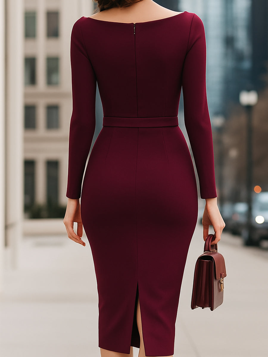 Elegant Wine Red Belted Pencil Silhouette - Midi Dress
