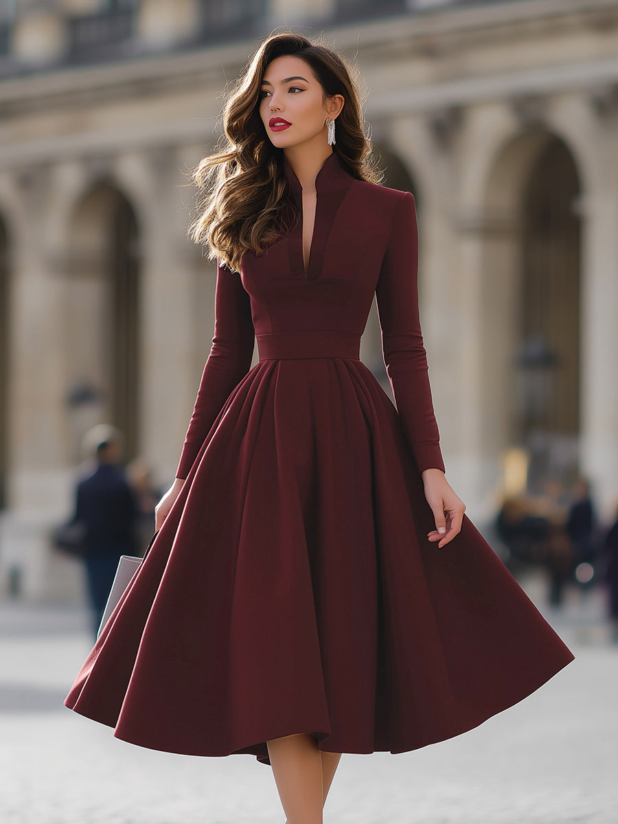 Burgundy V-Neck Full-Skirt Midi Dress XYS