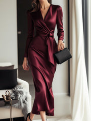 Burgundy Satin Wrap with Waist Tie Detail - Wrap Dress