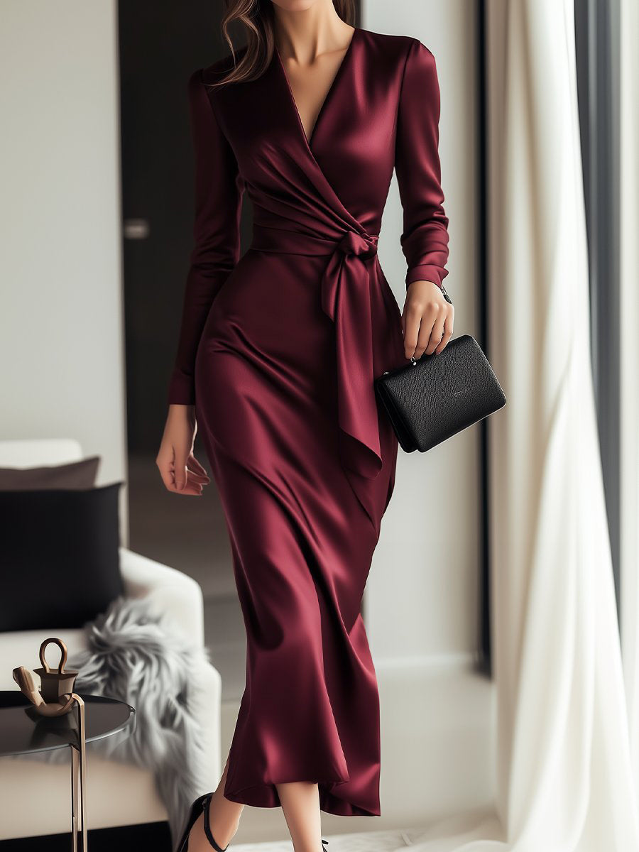 Burgundy Satin Wrap with Waist Tie Detail - Wrap Dress
