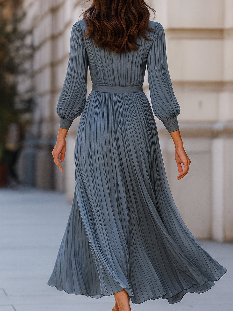 Elegant Steel Blue Pleated A-Line - Midi Dress