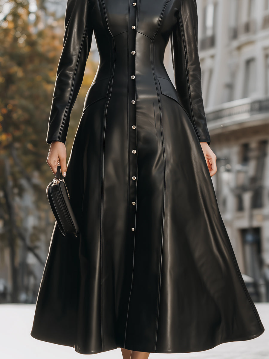 Sleek Black Faux Leather Button-Front Shirt Dress - Midi Dress