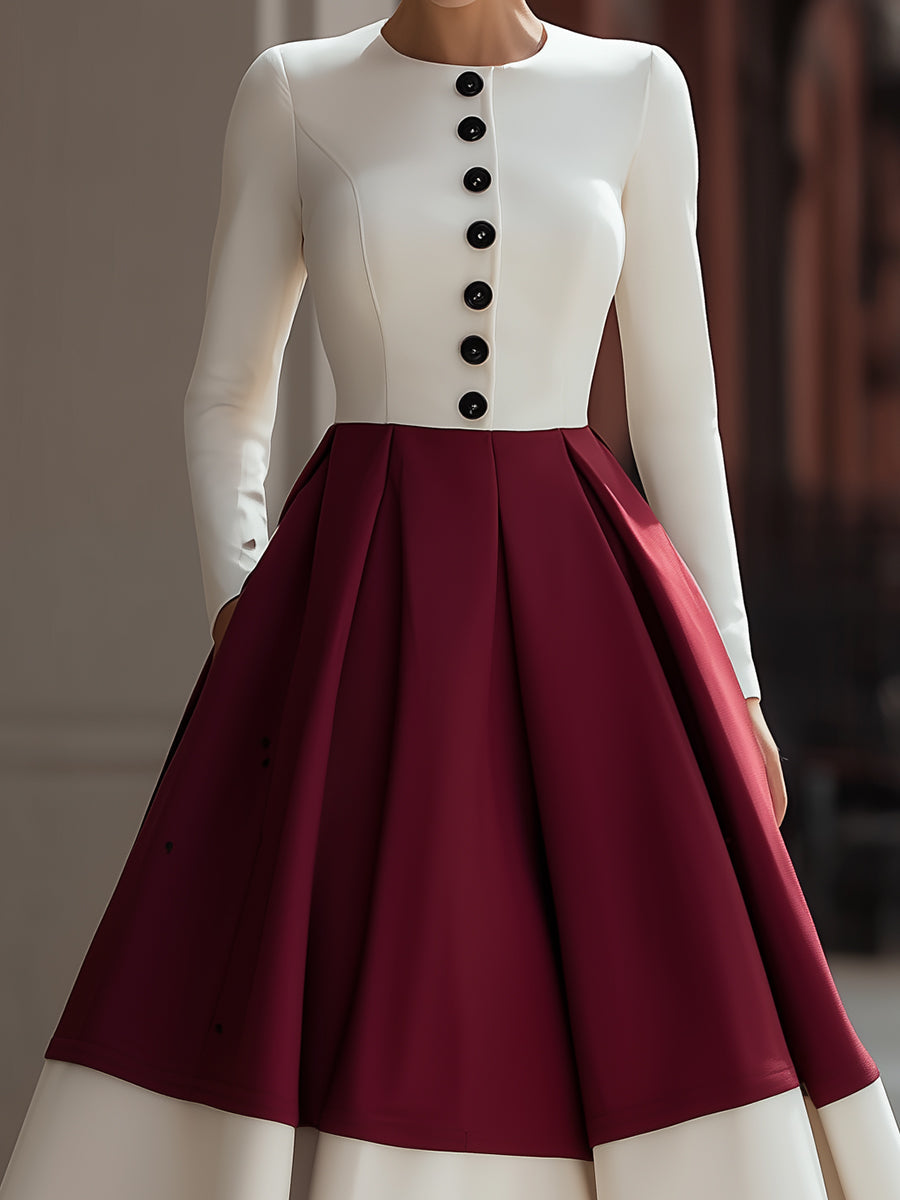 Ivory & Burgundy Colorblock Button-Front - Midi Dress