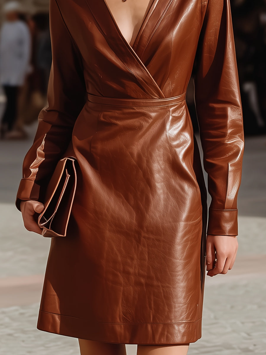 Chic Brown Faux Leather Wrap Dress - Mini Dress