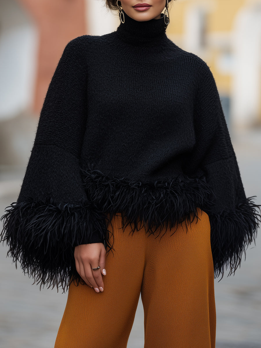 Feather-Trim Turtleneck Knit - Sweater