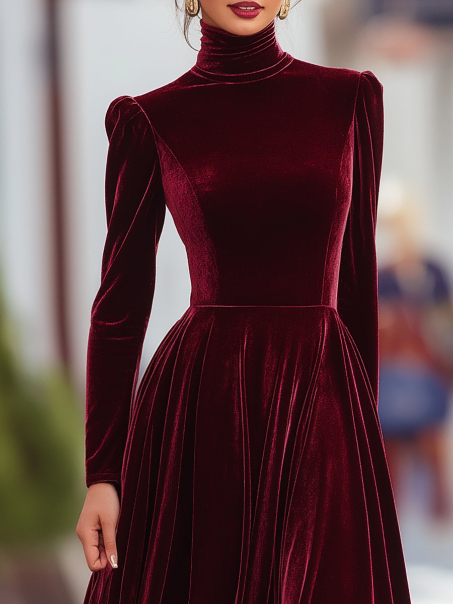 Elegant Burgundy Velvet Long-Sleeve Evening - Maxi Dress