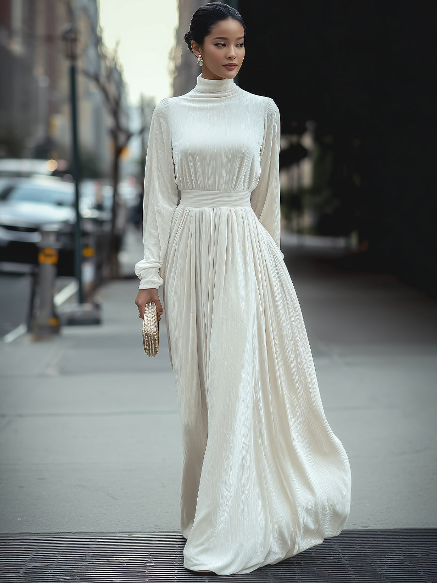 Elegant High-Neck Pleated White - Maxi Dress