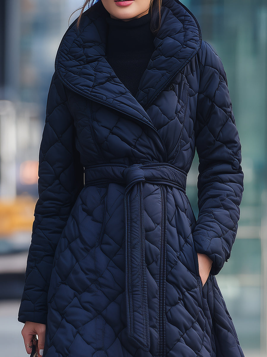 Navy Quilted Belted Wrap - Long Coat