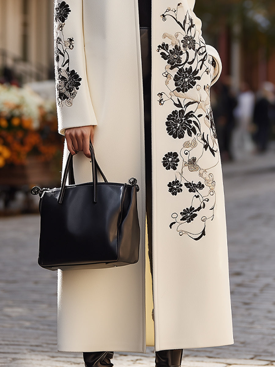 Ivory Floral-Embroidered Longline Coat - Longline Coat