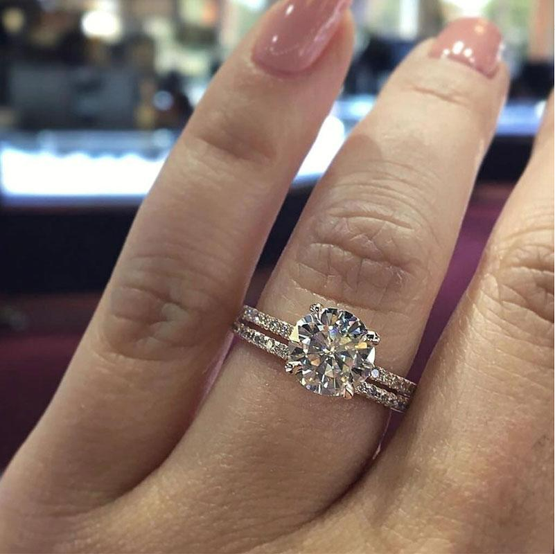 Rose Golden Tone Classic 4 Prong Round Cut Sterling Silver Bridal Set Shineofidamond