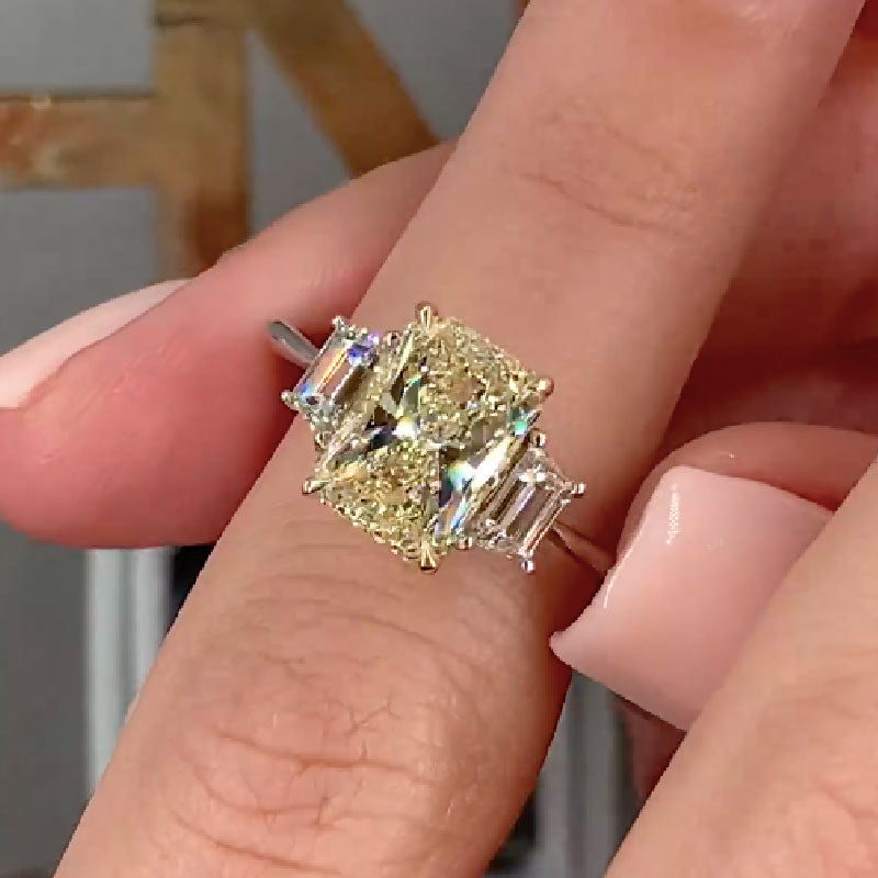 Radiant Cut Two Tone Three Stone Sterling Silver Engagement Ring Shineofdiamond