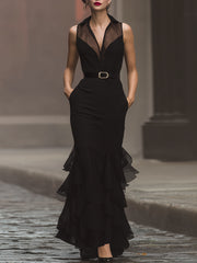 Sleek Sleeveless Black Dress With Statement Waist Belt - Maxi Dress
