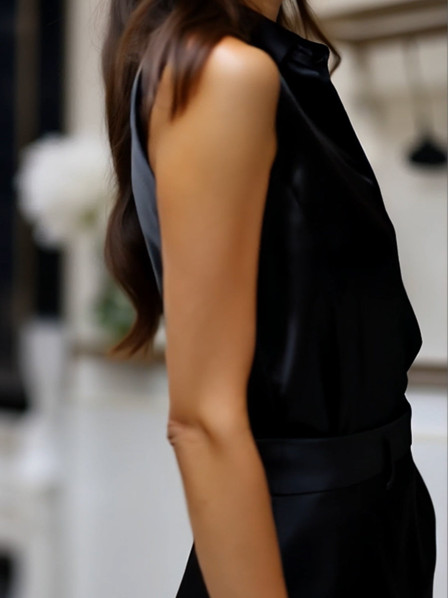 Sleek Black Satin Sleeveless - Blouse