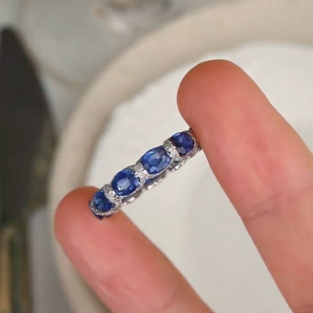 Oval Cut Cornflower Sapphire Gem Eternity Wedding Band Shineofidamond