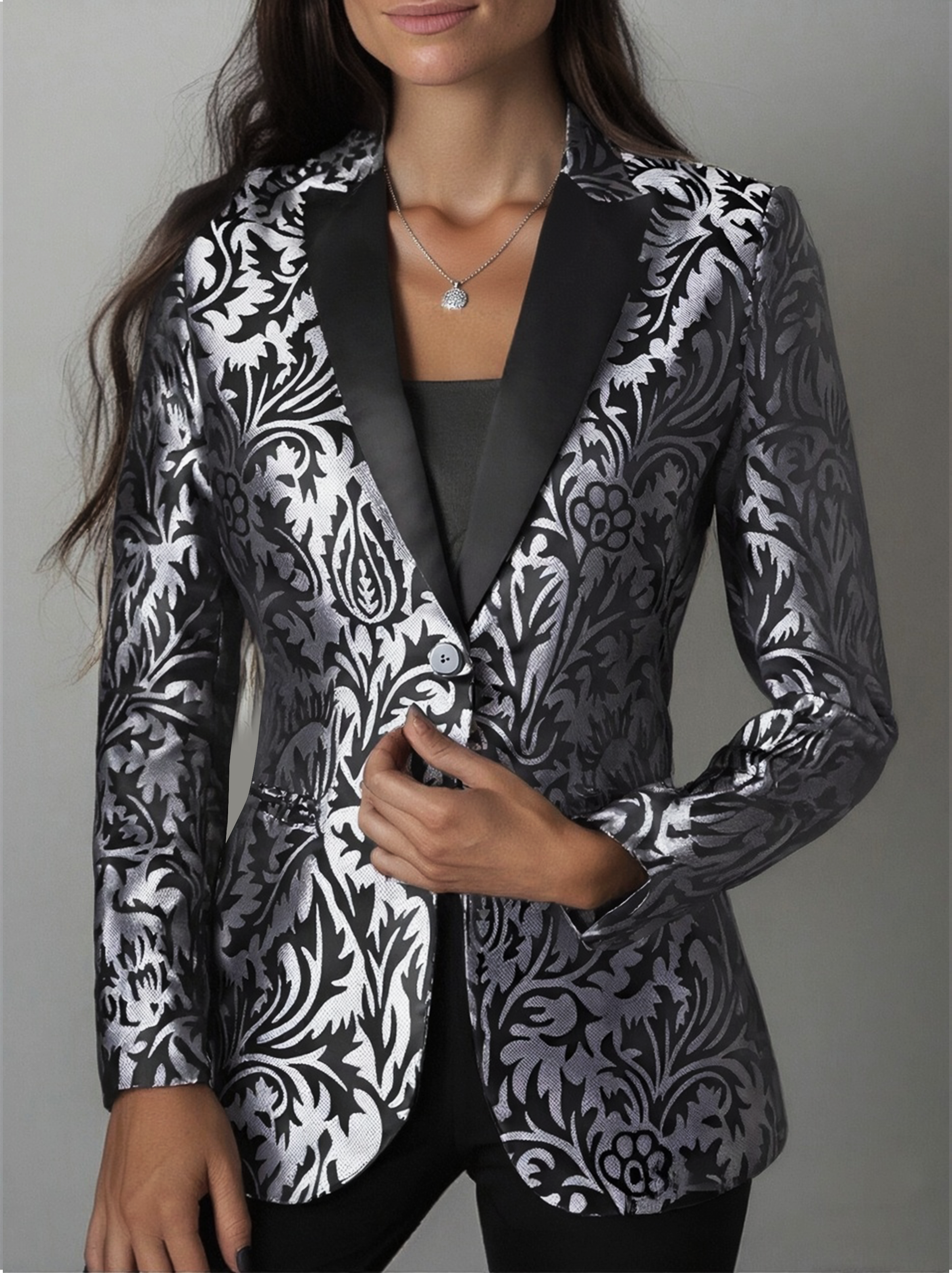 Luxury Black & Silver Floral Jacquard Tailored Blazer - Blazer