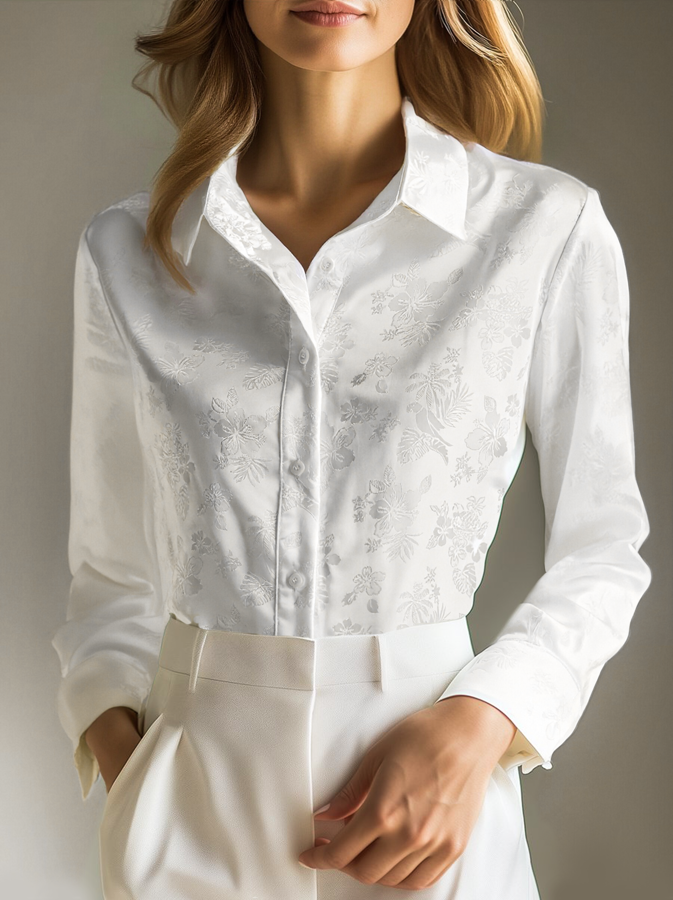 Elegant Ivory Satin Jacquard - Women's Shirt