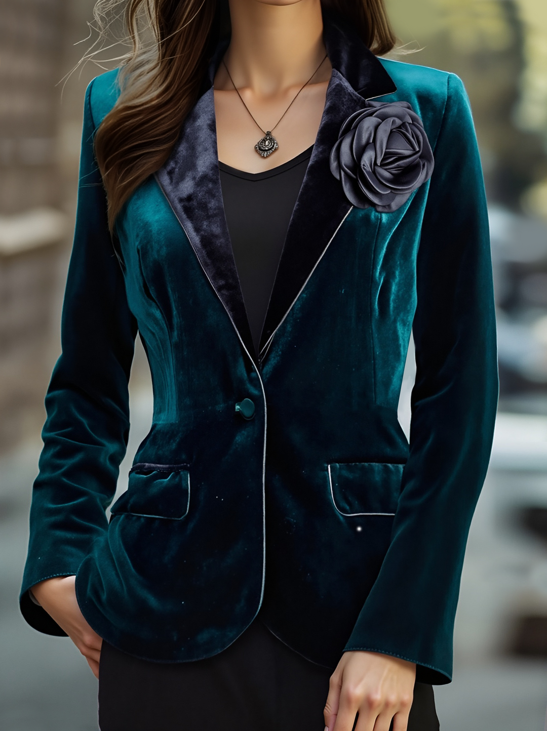 Emerald Velvet Blazer with Satin Lapels and Rose Embroidery ZJ