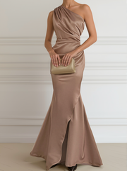 Champagne Satin One-Shoulder Evening - Maxi Dress