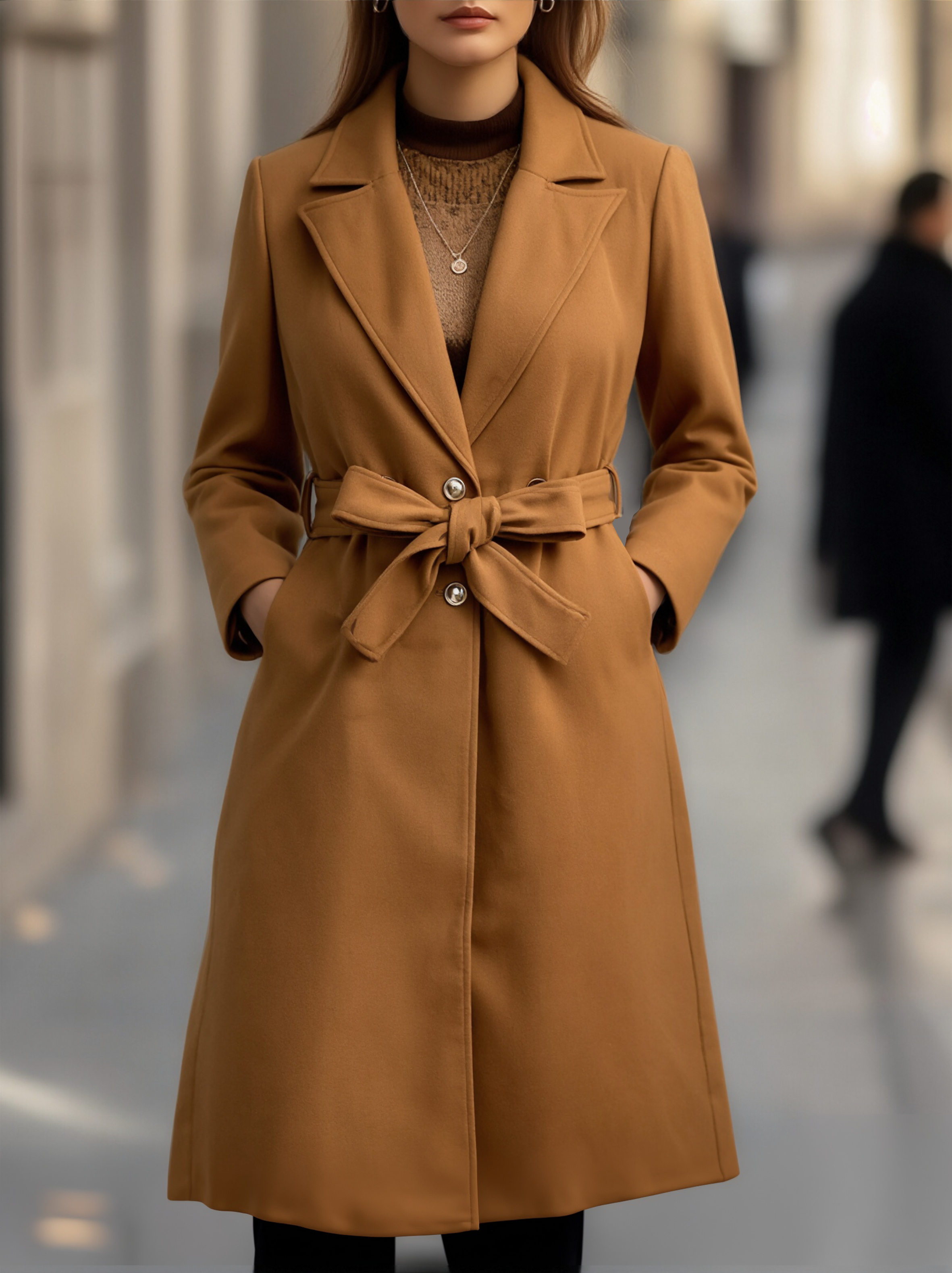 Classic Camel Wool Belted Silhouette - Trench Coat