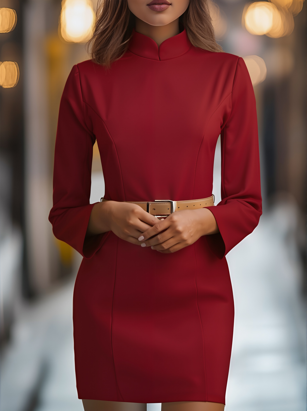 Elegant White Mandarin Collar Belted - Midi Dress