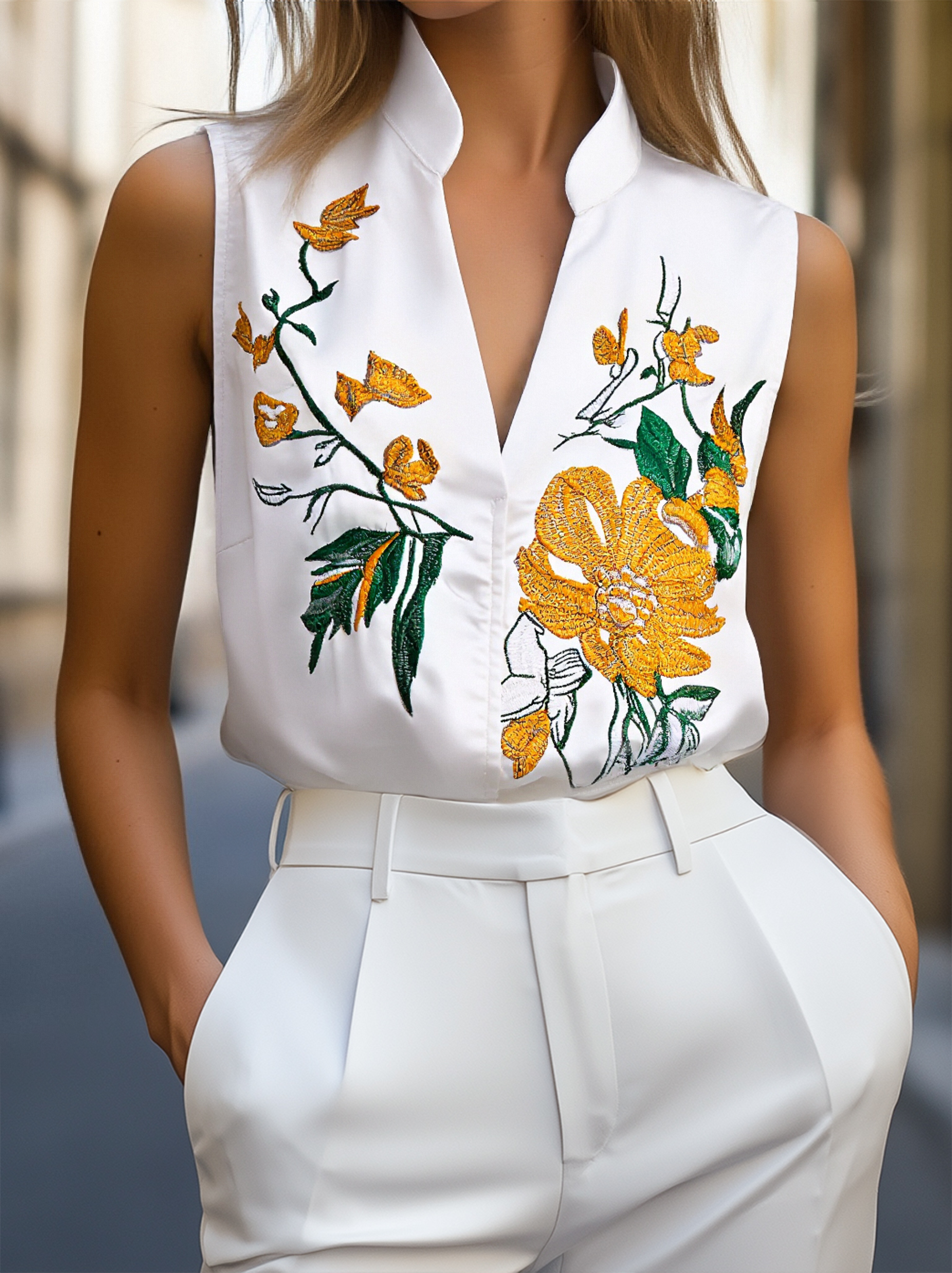 Women's Yellow Floral Embroidered Sleeveless - Blouse