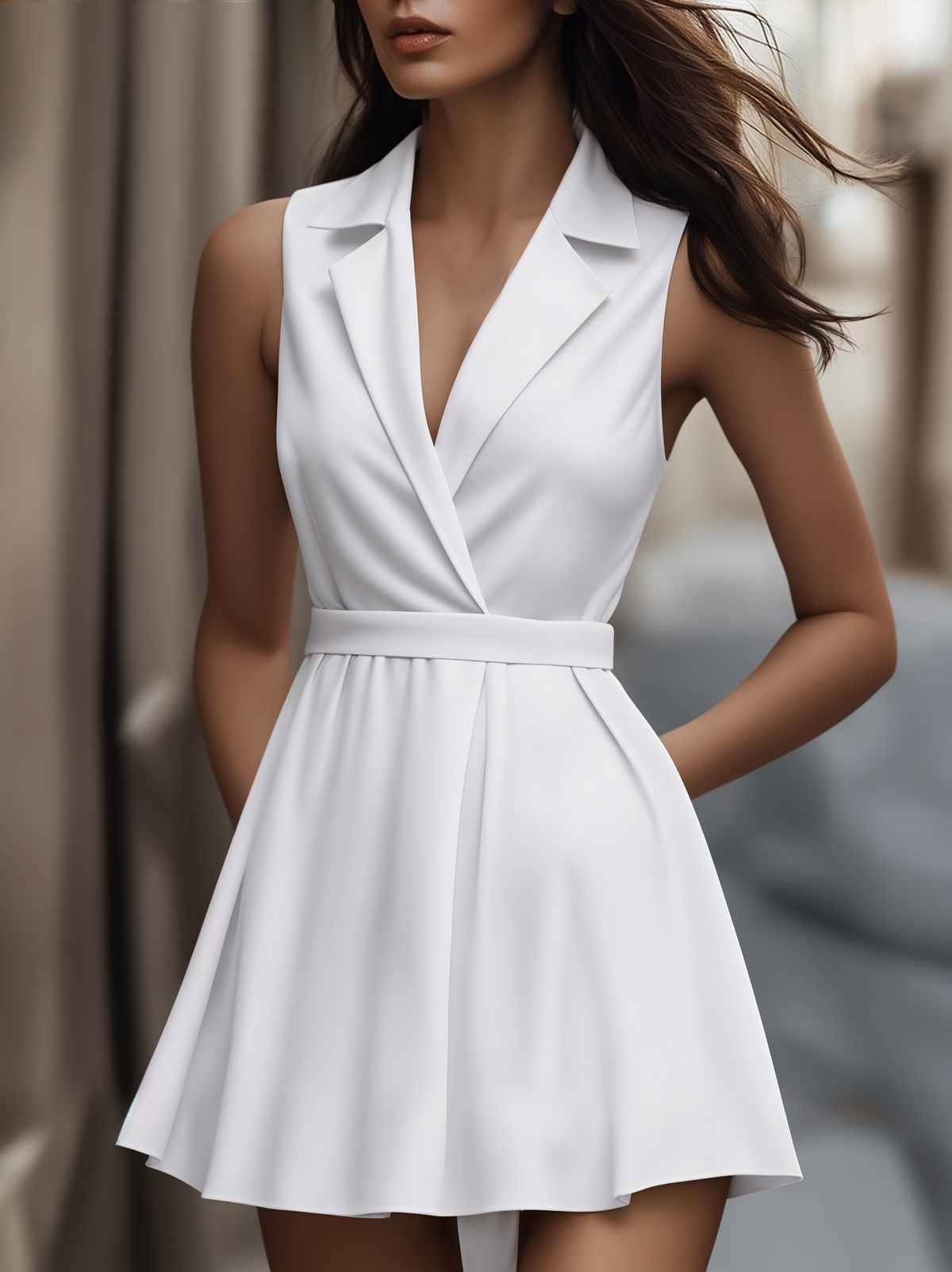 White Pleated Button-Front Shirt Dress - Mini Dress