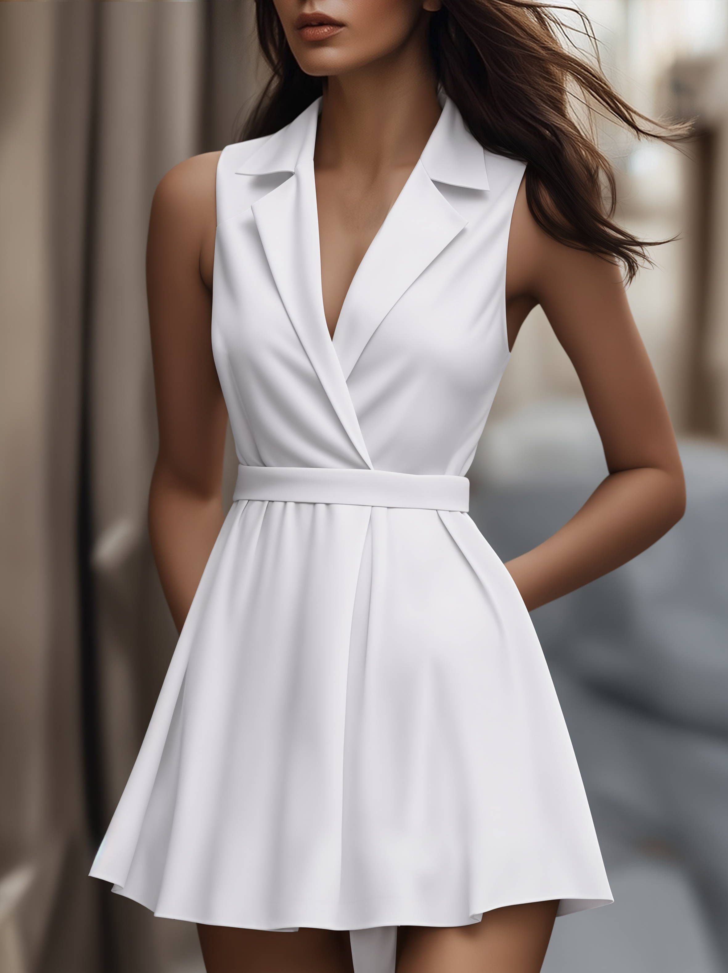 White Pleated Button-Front Shirt Dress - Mini Dress