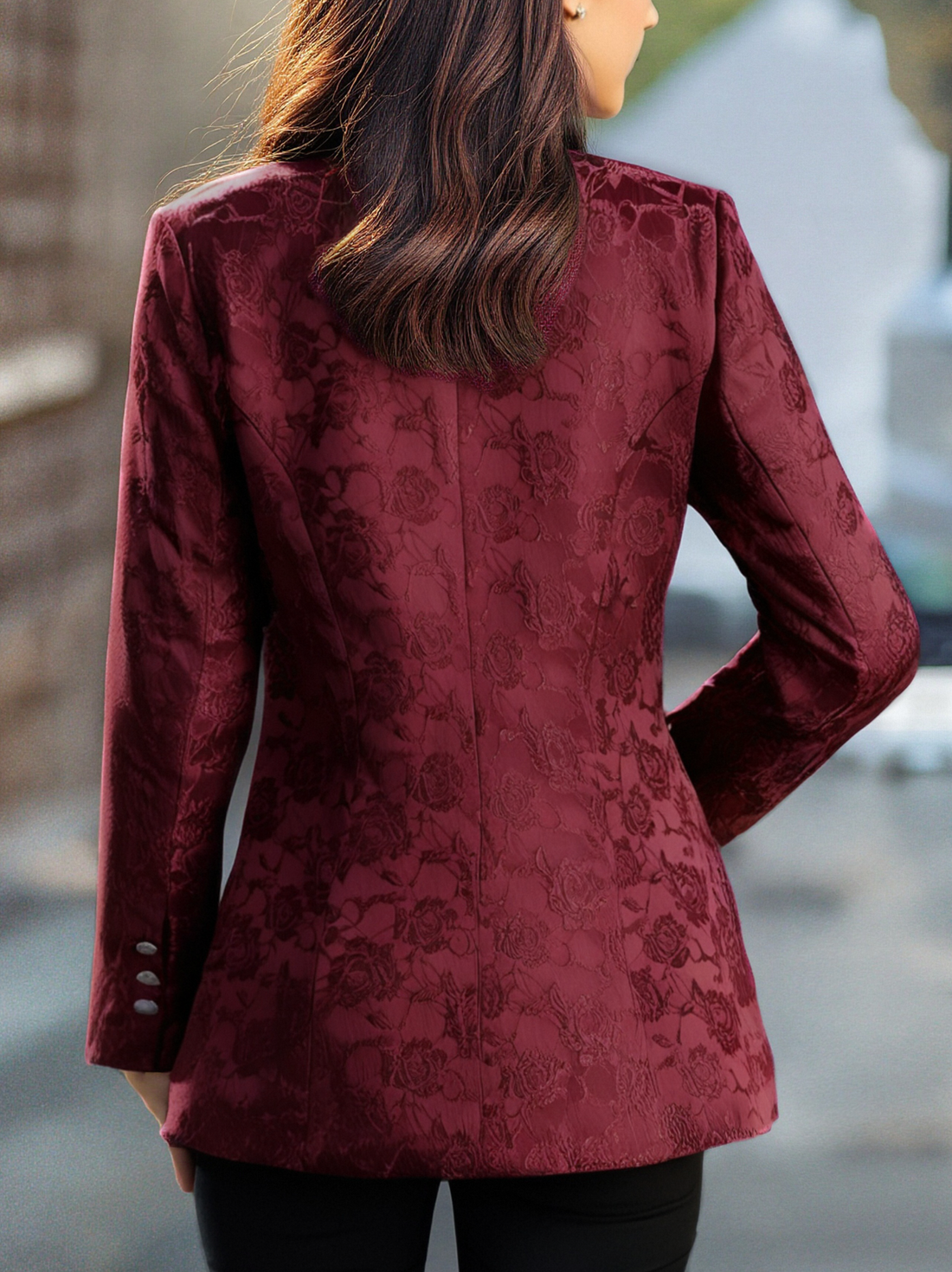 Burgundy Floral Jacquard Single-Breasted Tailored - Blazer