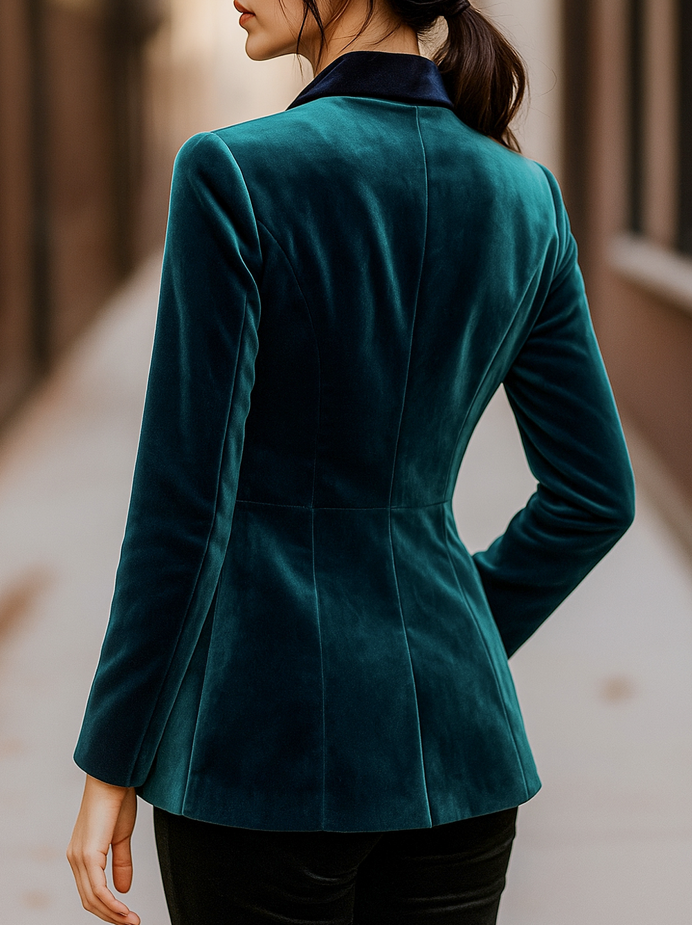 Emerald Velvet Blazer with Satin Lapels and Rose Embroidery ZJ